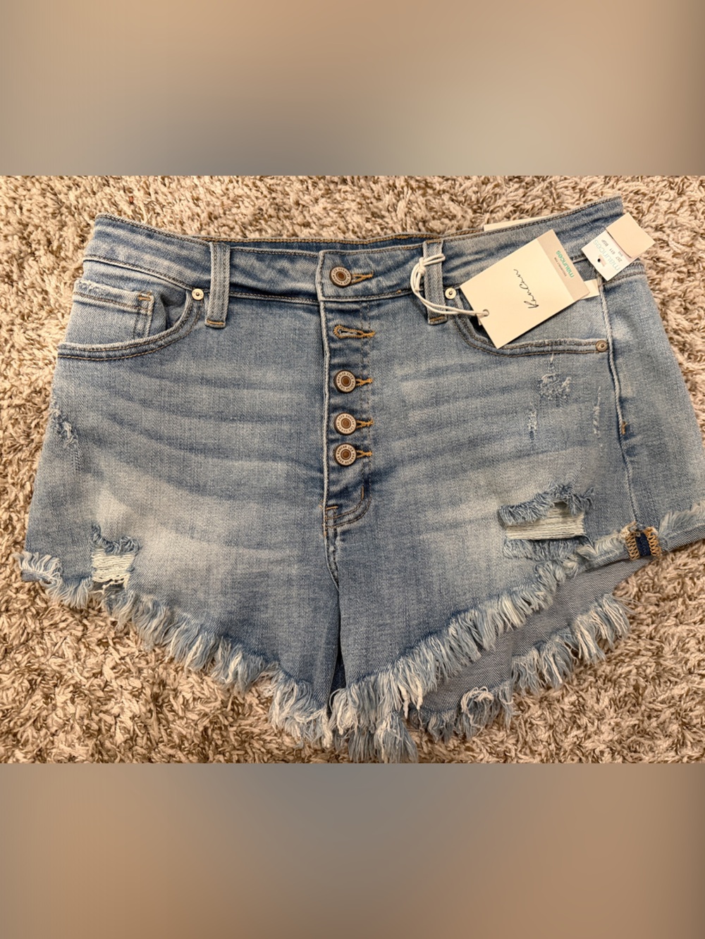 KanCan Light Blue Frayed Button-Front Denim Shorts
